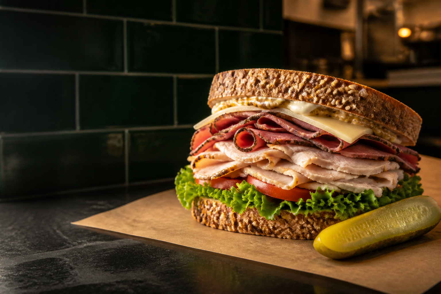 A fresh stacked deli sandwich on butcher paper